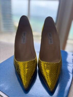 Jimmy Choo Metallic Yellow Snake-Embossed Pointed-Toe Pumps